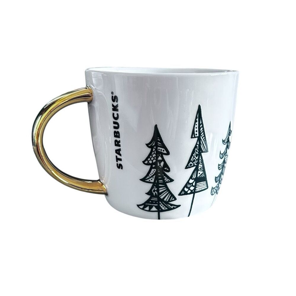 Starbucks 2015 Green Trees White‎ Ceramic Coffee Cup Mug - 14 oz   ***Item: HH75